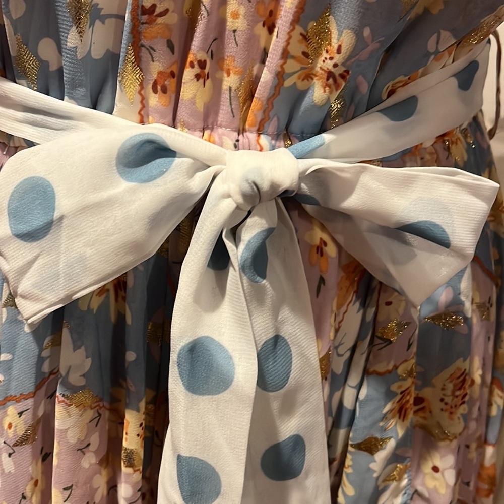 FOREVER UNIQUE Halter Gold Blue Purple Floral Handkerchief Hem Dress, Sz 2 NWT - Picture 6 of 12